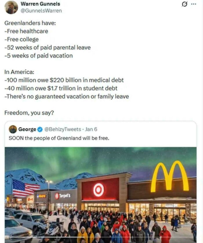 A tweet comparing Greenlanders' benefits to America's debt. Below, an image of a Greenlandic shopping center, highlighting why people are exhausted.
