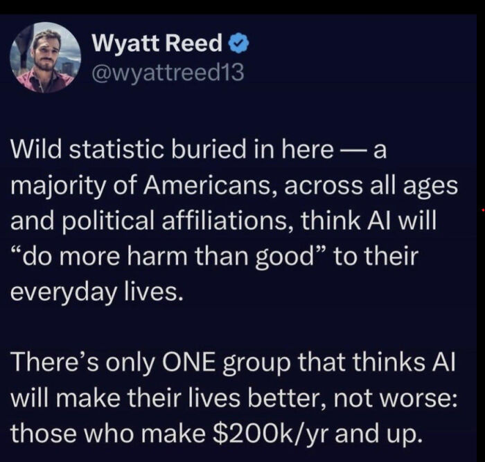 A tweet by Wyatt Reed discusses AI and income, highlighting why many can't afford billionaires and are ready to retire.