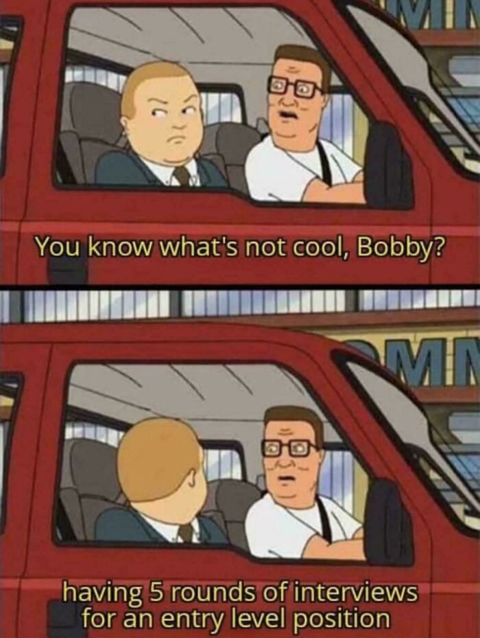 Hank Hill talking to Bobby in a car, expressing frustration about excessive interviews. People are exhausted and ready to retire.