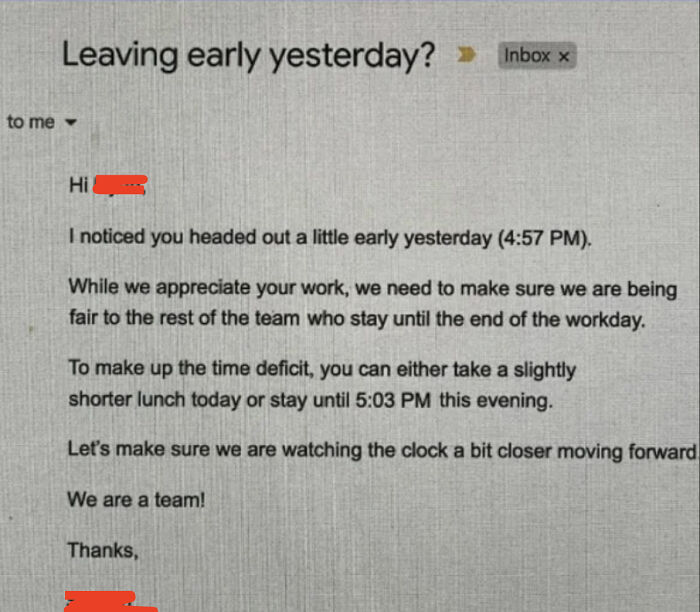 An email from a boss about leaving work early, highlighting the exhaustion and desire to retire.