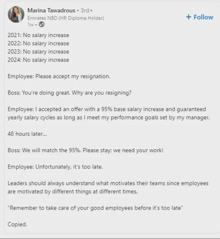 A LinkedIn post about an employee resigning after years of no salary increases, highlighting that people are exhausted.