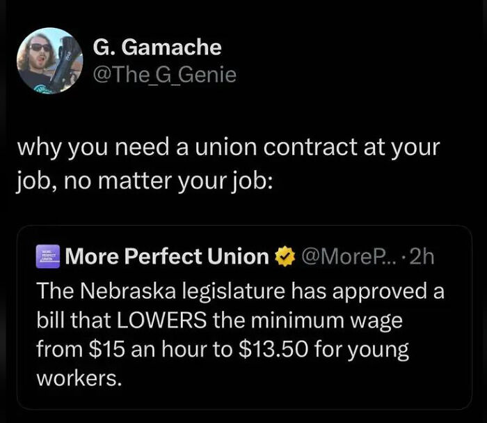 Tweet highlighting why unions are needed after Nebraska lowered minimum wage. People are exhausted and ready to retire.