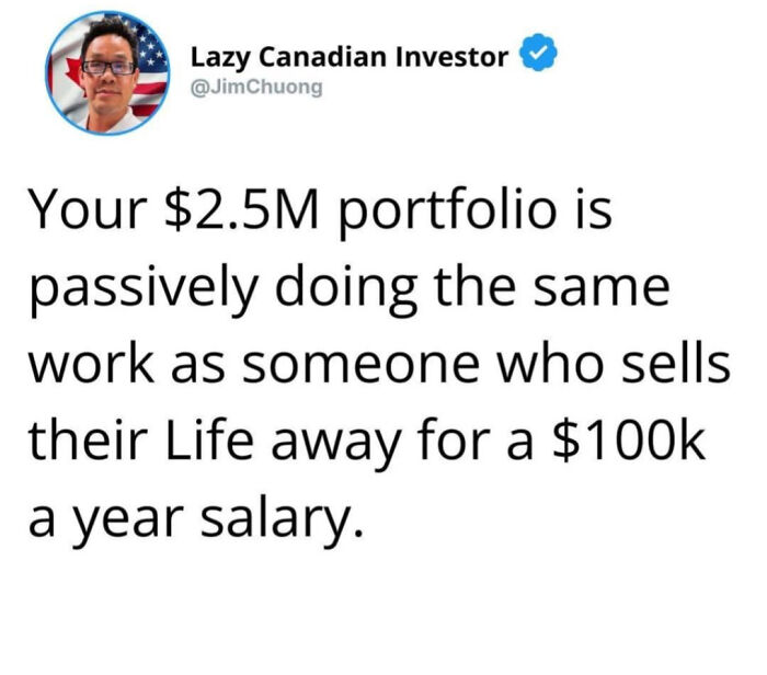 A tweet from @JimChuong discussing how a $2.5M portfolio can provide the same passive income as a $100k salary, highlighting those ready to retire.