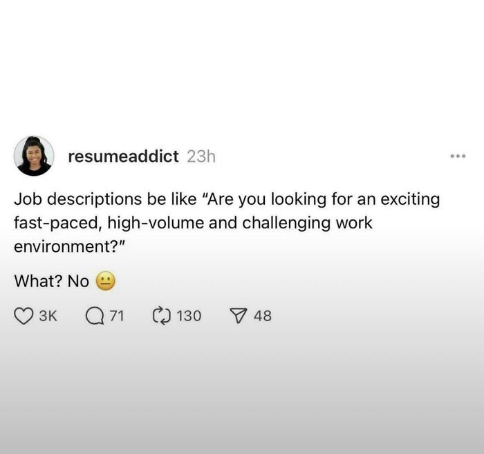 A social media post from @resumeaddict showing job descriptions and a sarcastic reply about being ready to retire.