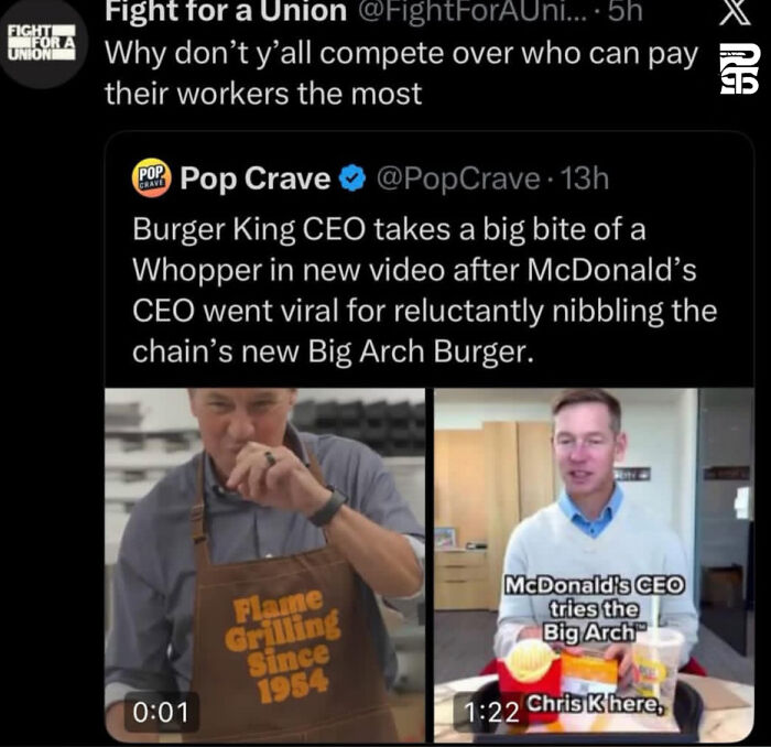 Screenshot of tweets about Burger King and McDonald's CEOs eating burgers, highlighting issues with billionaires.