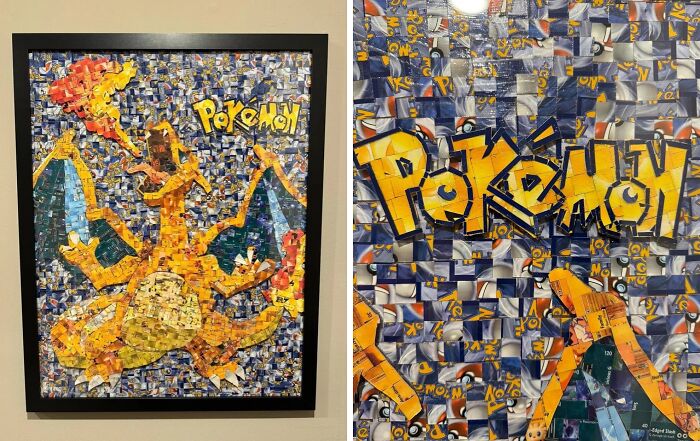A framed mosaic of Charizard and the Pokémon logo, creatively made from trash. Art from recycled materials.