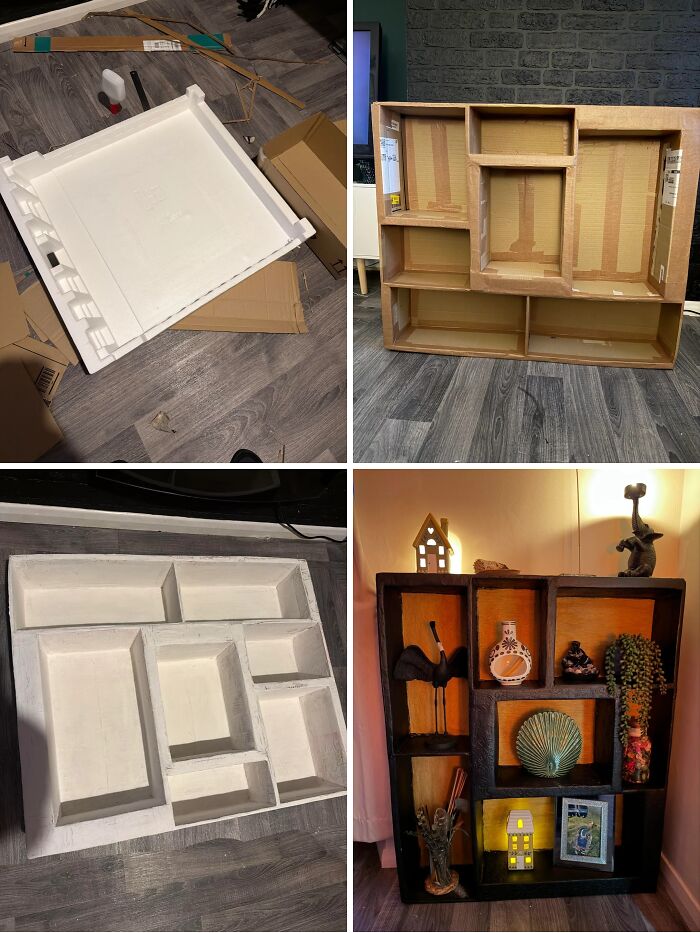 A four-panel image showing the steps to turn trash into a surprisingly useful decorative shelf, from raw materials to finished product.