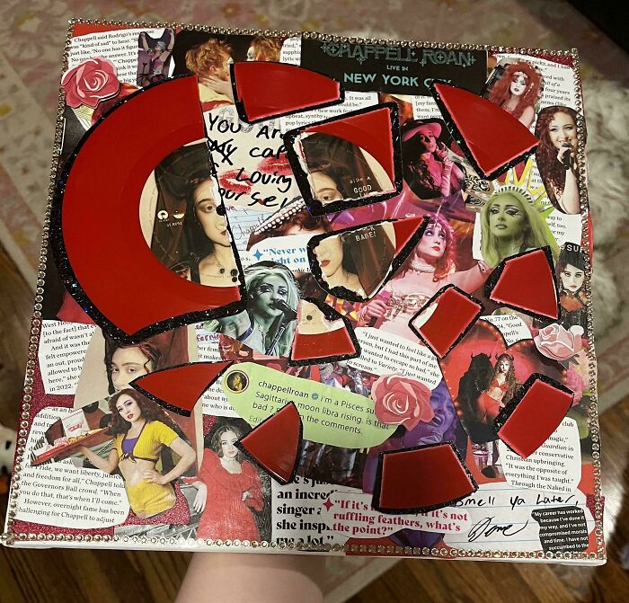 A creative person's trash-to-art collage featuring Chappell Roan images and a broken red vinyl. Surprisingly useful.