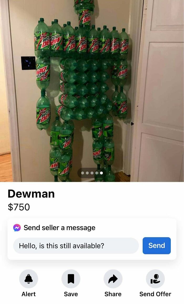 A creative person turned trash into an artistic "Dewman" figure from Mountain Dew bottles, priced at $750.