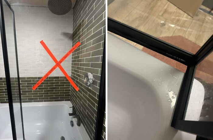 A home improvement fail: a new shower with a do not use sign next to water leaking from a glass panel.