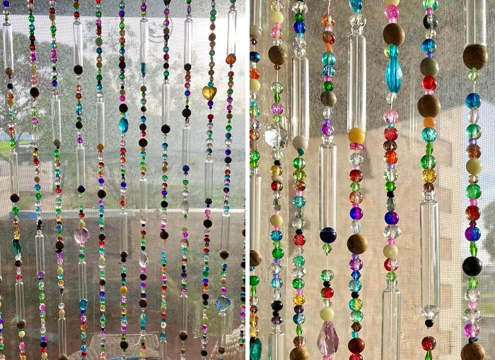 Colorful beaded curtains, creative people turning trash into artistic window decor. A genius way to upcycle materials.