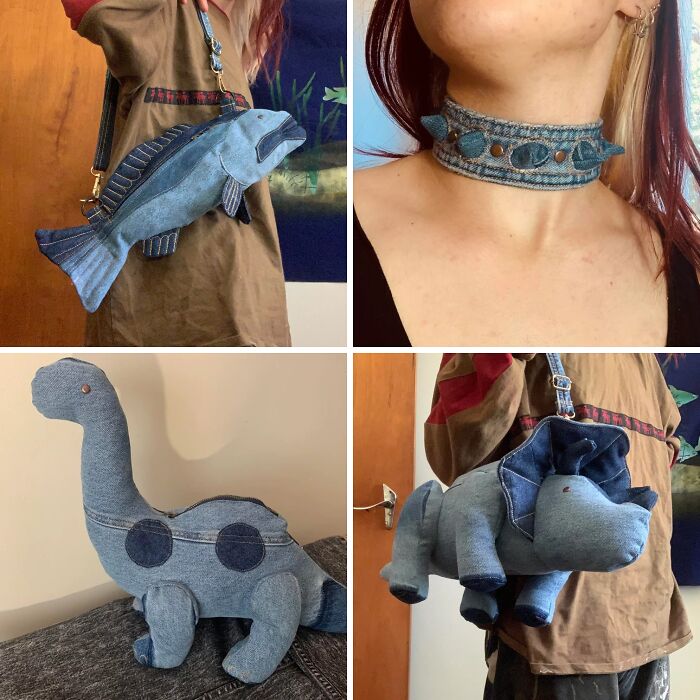 Creative people turning trash into useful or artistic denim items: a fish bag, spiked choker, dinosaur pillow, and triceratops bag.