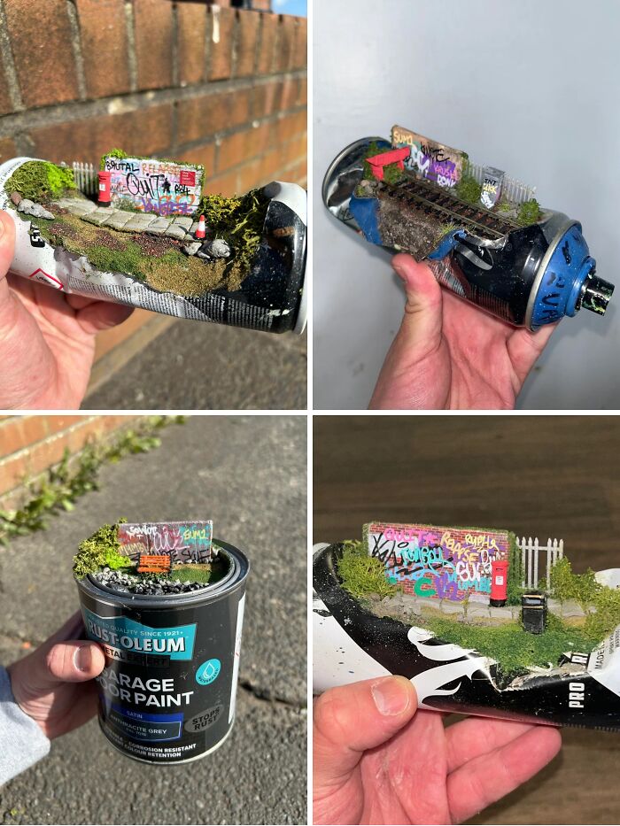 Creative people turned trash into miniature artistic street scenes, like graffiti walls and train tracks on cans.