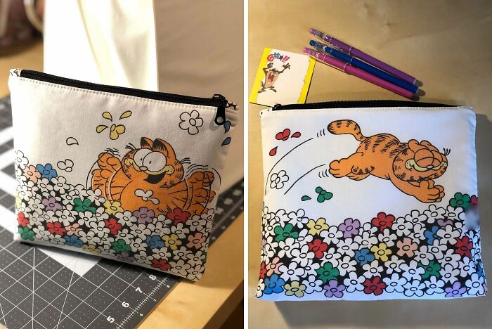 Two Garfield-themed pouches with colorful flowers on a white background, showcasing how creative people repurpose trash.