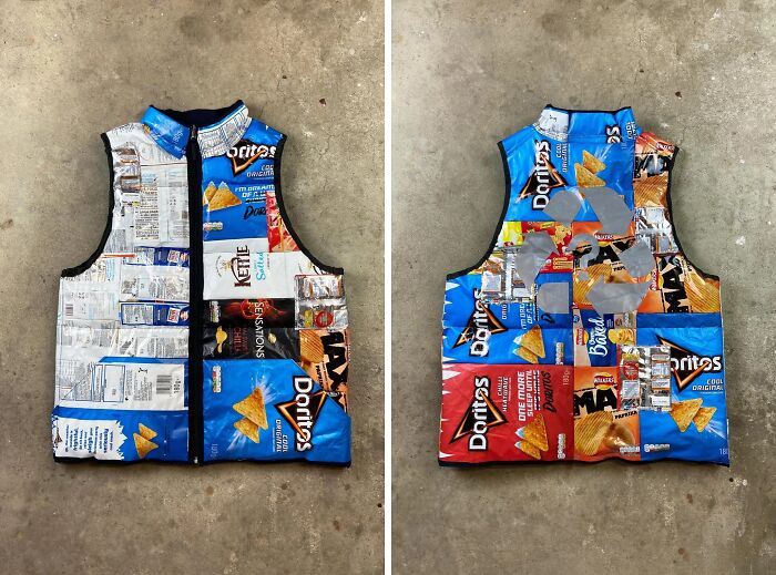 Creative people turned trash into a vest made from chip bags, showcasing surprising usefulness and artistry.