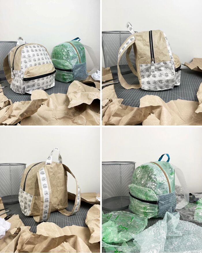 Creative people turned trash into useful backpacks, demonstrating artistic reuse of materials like paper and plastic.