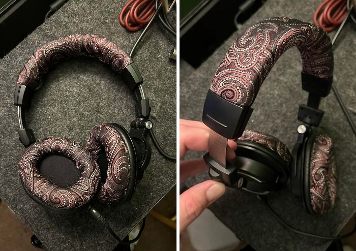 Customized headphones with paisley fabric covers, showcasing how creative people transform trash into artistic items.