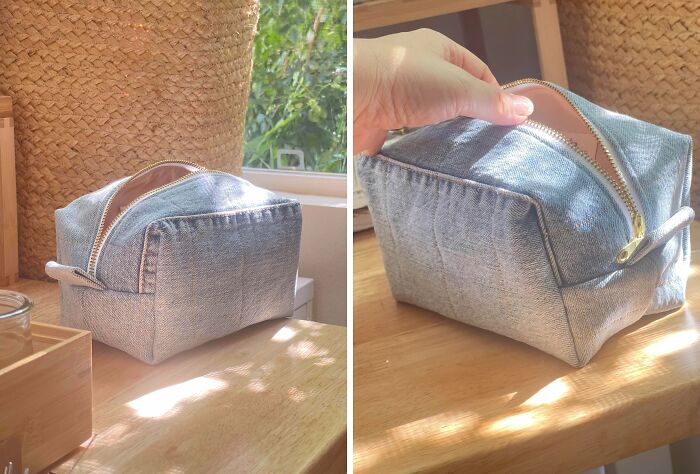 A denim bag, made from upcycled material, showcases a creative way people turned trash into something useful.