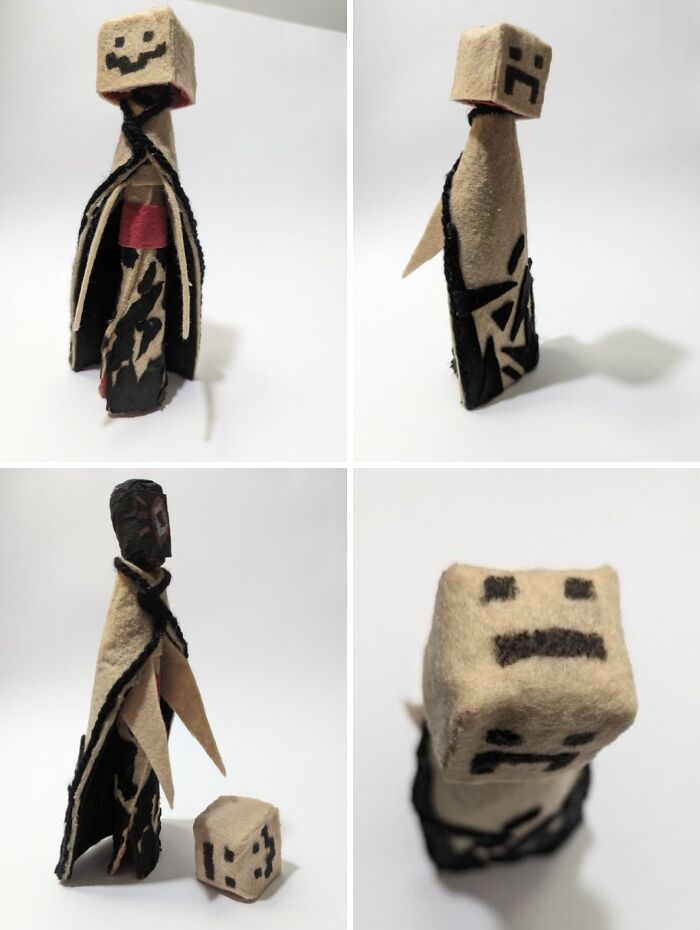 Four views of a fabric doll, a creative person's trash into surprisingly useful or artistic creation.