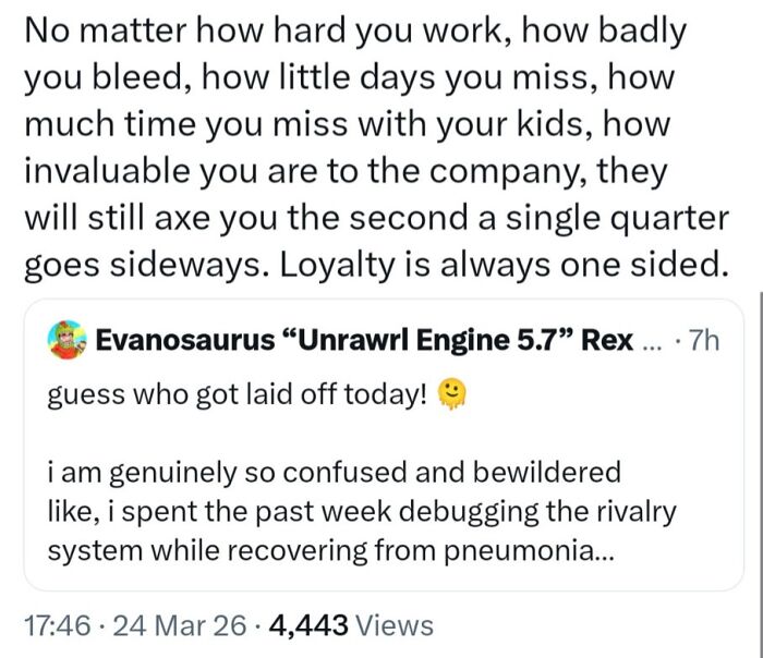 A tweet expressing frustration about being laid off despite loyalty, resonating with people exhausted and ready to retire.
