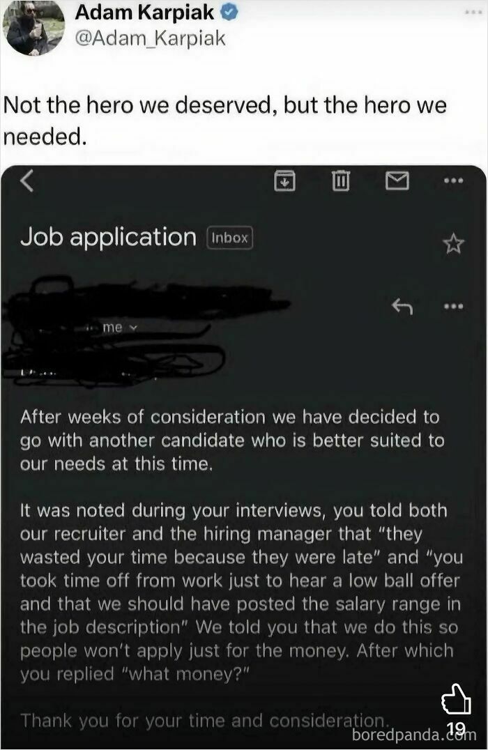 A job application rejection email from an employer to a candidate, who called them out for wasting time and low-ball offers, reflecting people exhausted and ready to retire.
