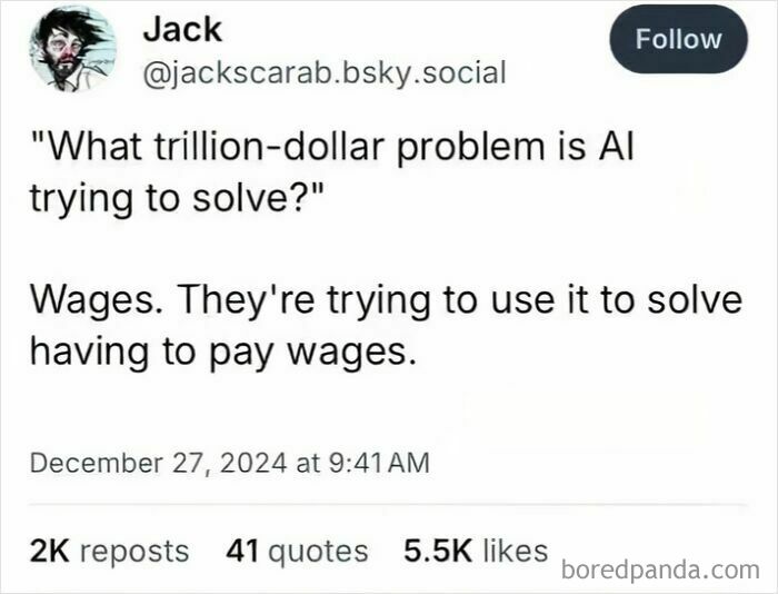 A social media post on AI and wages, from someone exhausted and ready to retire, discussing why we can't afford billionaires.