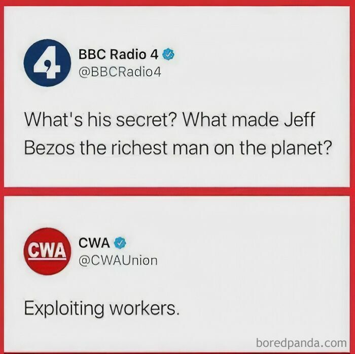 Two tweets discussing Jeff Bezos wealth, with the second tweet stating exploiting workers. Reflects the inability to afford billionaires.