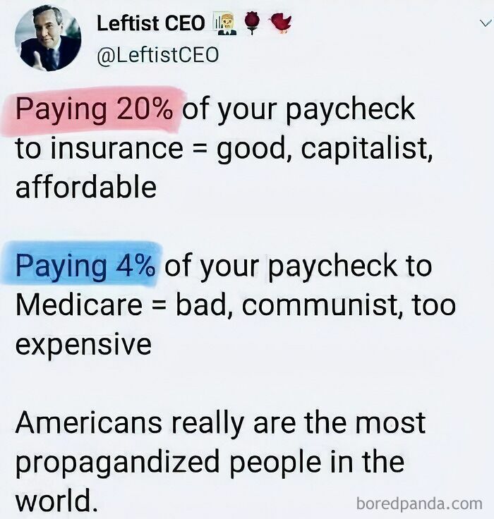 A tweet from @LeftistCEO comparing insurance vs. Medicare costs, highlighting why people can't afford billionaires.