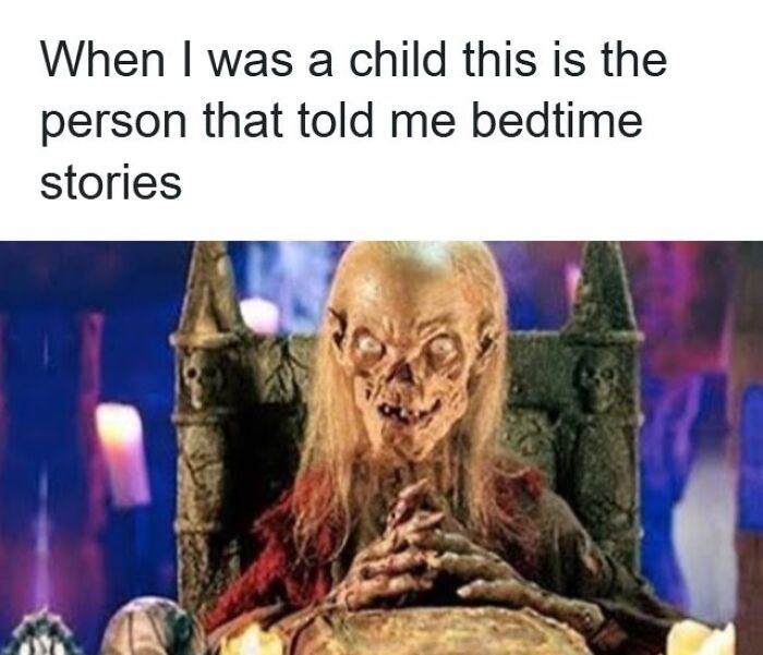 90s memes featuring a spooky character humorously recalling bedtime stories from childhood for a nostalgia ride.