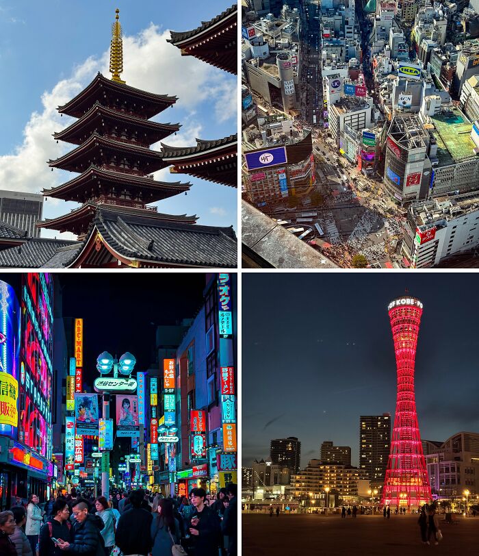 Breathtaking travel photos showcasing Japan: a pagoda, bustling Shibuya crossing, neon Tokyo street, and Kobe Port Tower.