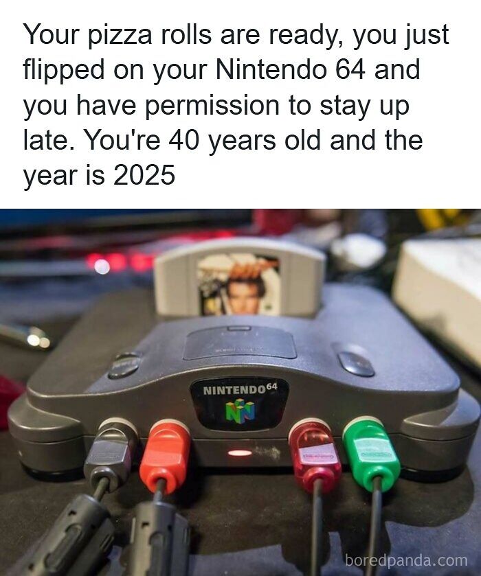 Nintendo 64 console with controllers and nostalgic meme referencing 90s memes and nostalgia ride.
