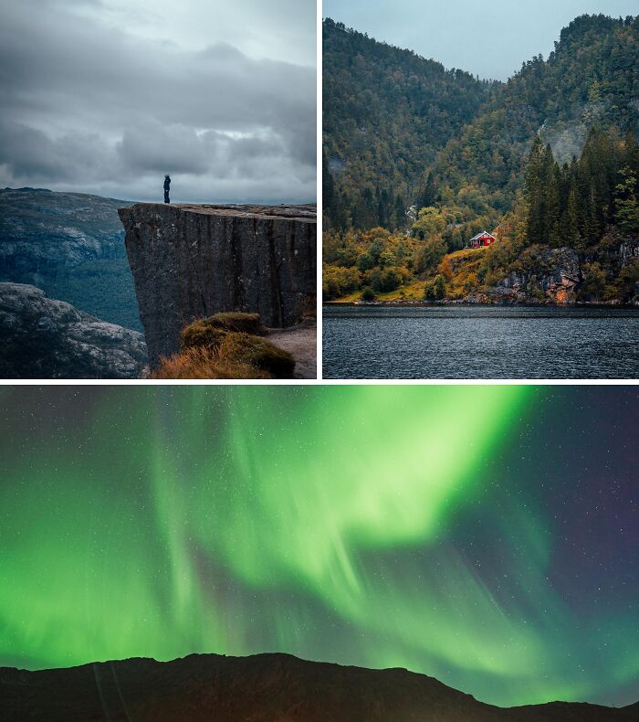 Breathtaking travel photos: a person on a cliff, a red house by a lake, and the stunning Northern Lights.
