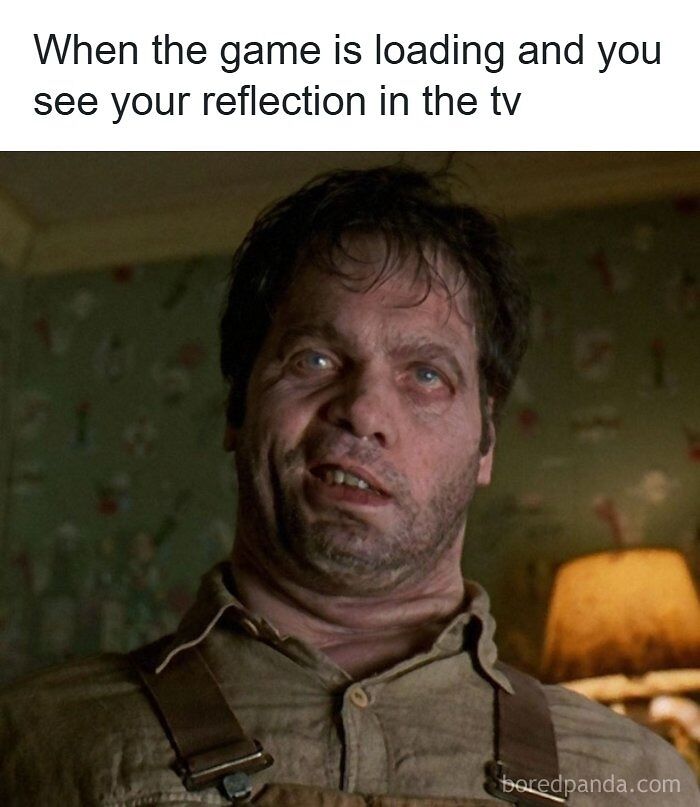 90s meme showing a man making a funny face with caption about seeing your reflection while a game is loading on TV.