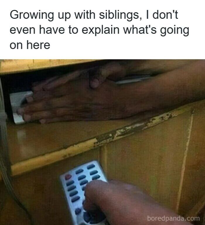 Hand hiding remote control under table with caption about growing up with siblings from 90s memes nostalgia.