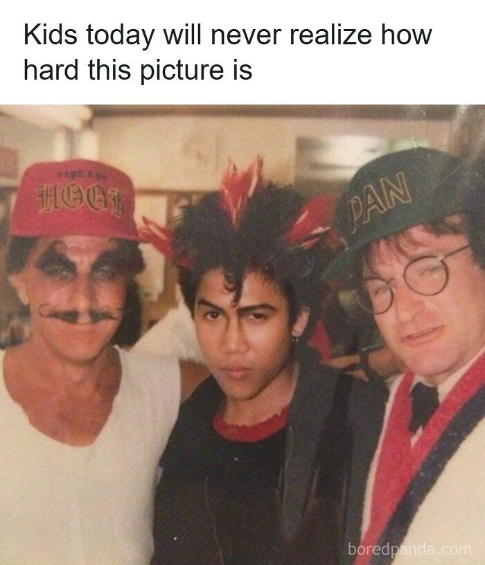 Three men in quirky ’90s costumes with hats and makeup, evoking strong 90s memes nostalgia and humor.