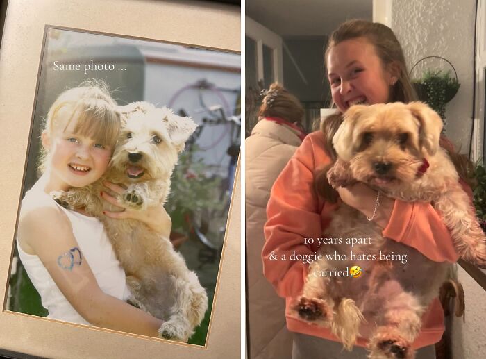 Two photos of a girl and her pet dog, 10 years apart, showing how pets grow up alongside their owners.