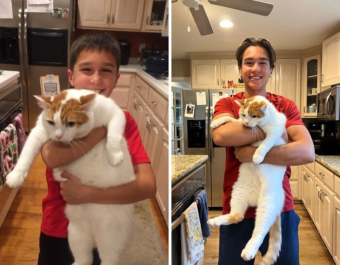 Two photos show a boy and his pet cat growing up. The young boy holds a large cat, then an adult man holds the same pet cat.