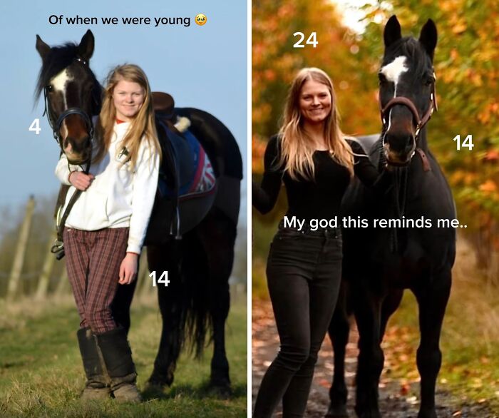 Precious photos of a pet horse and owner growing up. The owner aged 14 to 24, and the horse aged 4 to 14.