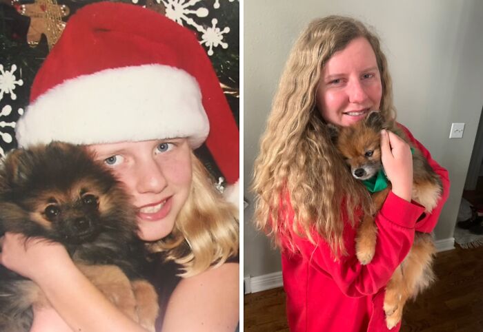 Split image: young girl in Santa hat with a puppy; grown woman holding her adult pet dog. Owners and pets growing up.