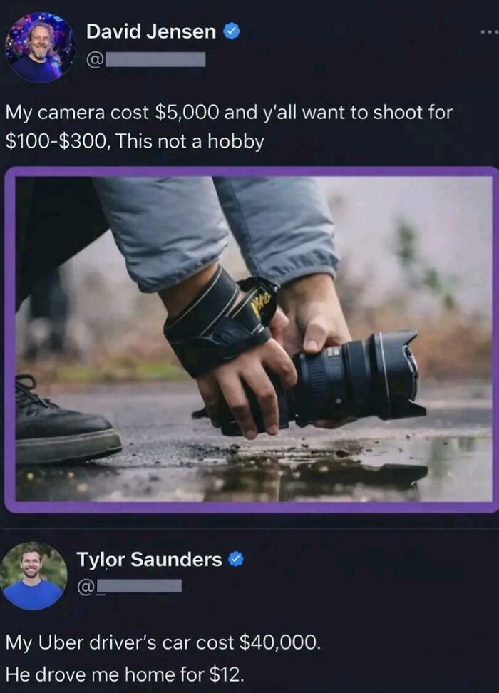 A Twitter user complaining about camera cost, followed by an epic burn from another user about Uber.
