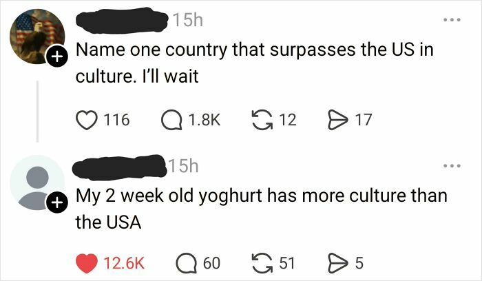 A screenshot of social media comments with an epic burn, where one user states their yogurt has more culture than the USA.