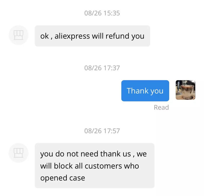 AliExpress chat shows refund confirmation followed by threat to block customers who open cases. A clear lesson learnt."