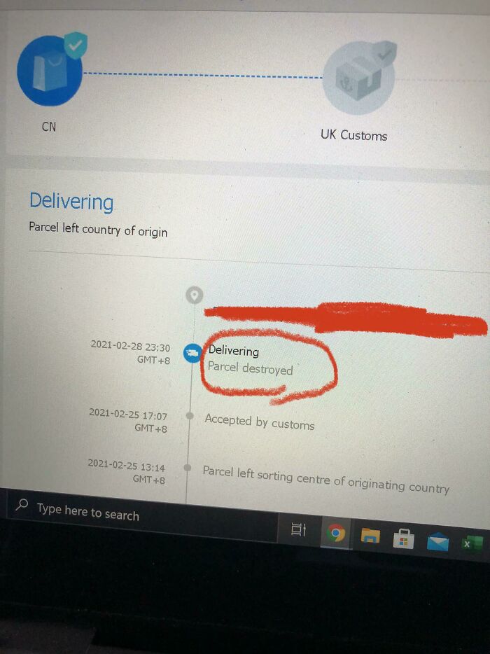 Computer screen displaying parcel tracking with Parcel destroyed status circled in red. A common issue for items ordered from Temu or AliExpress.