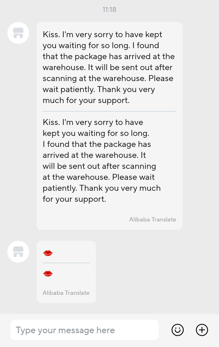 Temu or AliExpress customer support chat with a message about a package delay and an unusual 'Kiss' greeting.