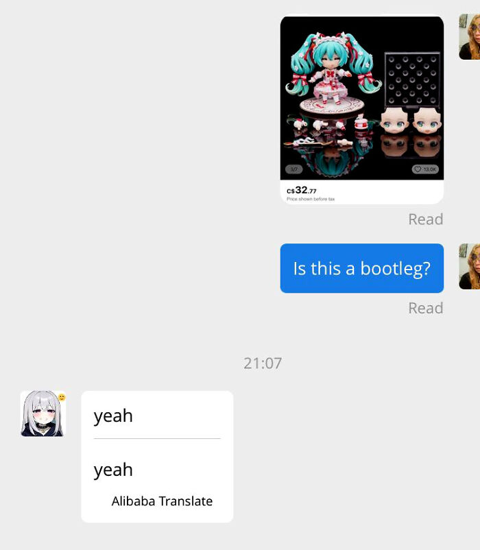 Chat shows a bootleg figure from Temu or AliExpress. Customer asks Is this a bootleg? Seller says yeah.