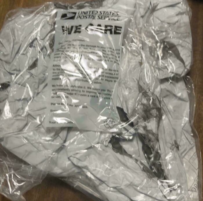 A clear plastic bag containing a heavily damaged item and a USPS We Care note. Issues for those who ordered from Temu or AliExpress.