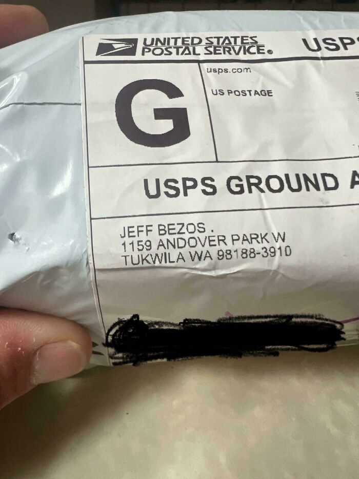 USPS package addressed to Jeff Bezos, possibly ordered from Temu or AliExpress. A lesson learnt in online shopping.