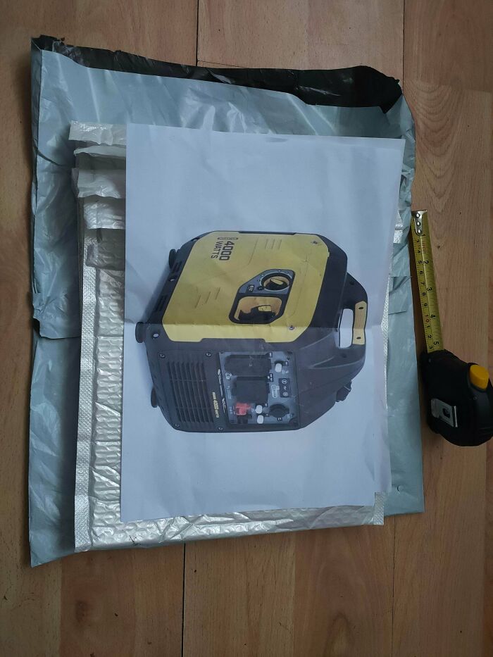 Generator image on paper, mailed in a tiny package with tape. Highlights discrepancy when people ordered from Temu/AliExpress.