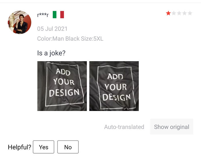 A 1-star review from a customer who ordered from Temu or AliExpress, showing a shirt with ADD YOUR DESIGN printed, a clear lesson learnt.