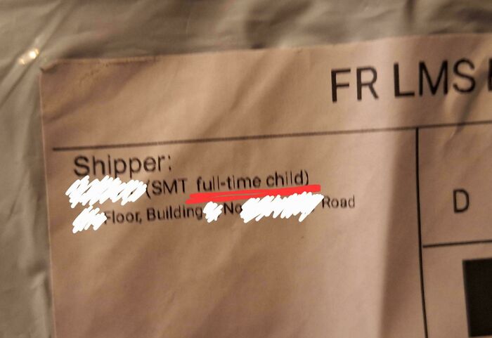 Shipping label shows shipper listed as (SMT full-time child). A funny mishap often seen with Temu or AliExpress orders.